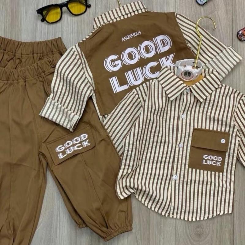 Sét đũi xốp Hàn cao cấp gam màu nâu -vàng - xanh tôn da chất quần kaki mặc rất thoáng mát cho Bé 8-30kg (3 bộ kèm kính- 5 bộ Kèm đồng hồ) [Shop Linh kids 88) màu xanh ngẫu nhiên