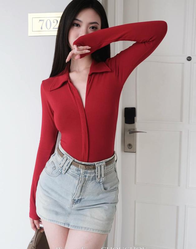 Áo bodysuit Nữ kéo khoá cúc bấm. Áo bodysuit cổ bẻ khoá kéo sang chảnh A1 Casual Bodysuits Top Women thun 2