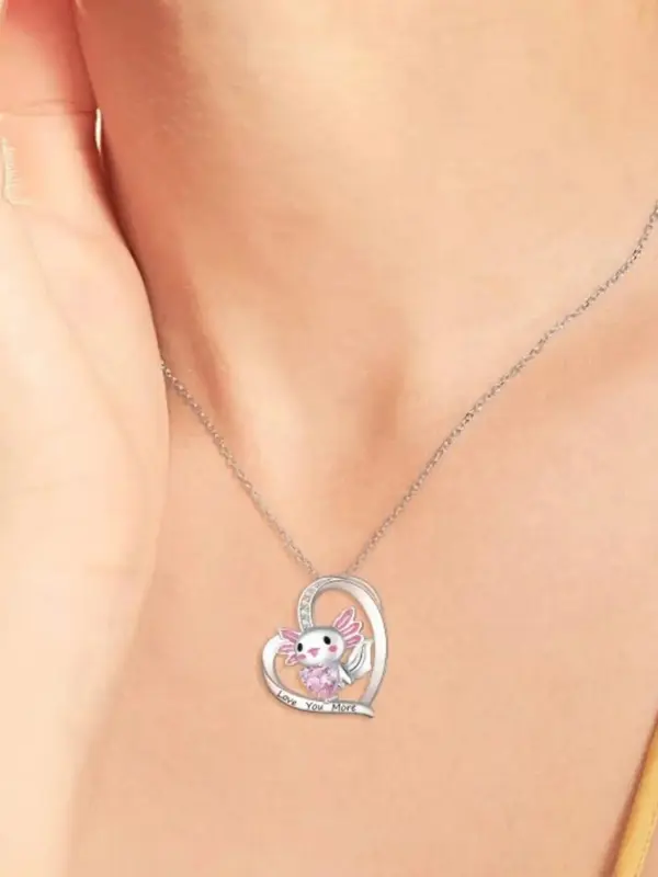 Cute Cartoon Axolotl & Heart Rhinestone Pendant Necklace for Kids, Hollow Out Heart Letters Print Necklace, Fashion Jewelry for Party, Daily Clothing Decor, Trendy All-match & Exquisite Jewelry for Kids' Birthday Gifts, Valentine's Day, Gift 4