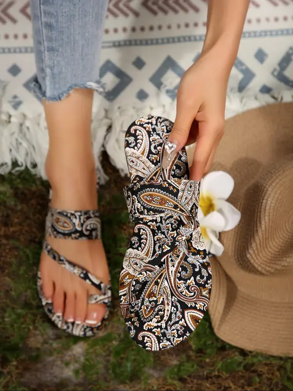 Women's Ethnic Pattern Design Slides, Boho Style Slippers for Summer, Vintage Comfortable Slides for Beach, Vintage Slippers for Indoor & Outdoor Wear, Walking Shoes 1