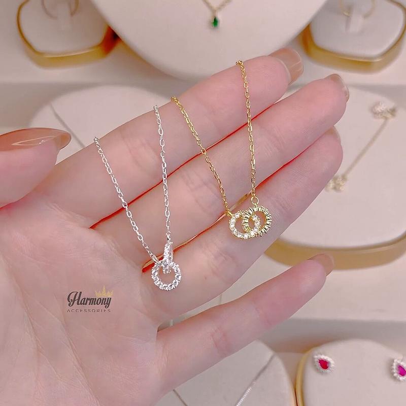 Dây chuyền nữ vòng cổ bạc ta mặt tròn đôi đính đá Emily | TRANG SỨC BẠC HARMONY VC102