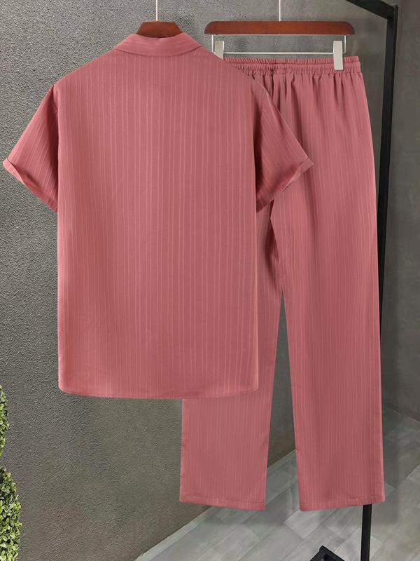 Men's 2pcs Button Front Shirt & Drawstring Pocket Pants Set without Tee & Necklace, Casual Short Sleeve Collar Shirt & Elastic Waist Trousers, National Day Clothing, Men's Two-piece Outfits for Summer 8