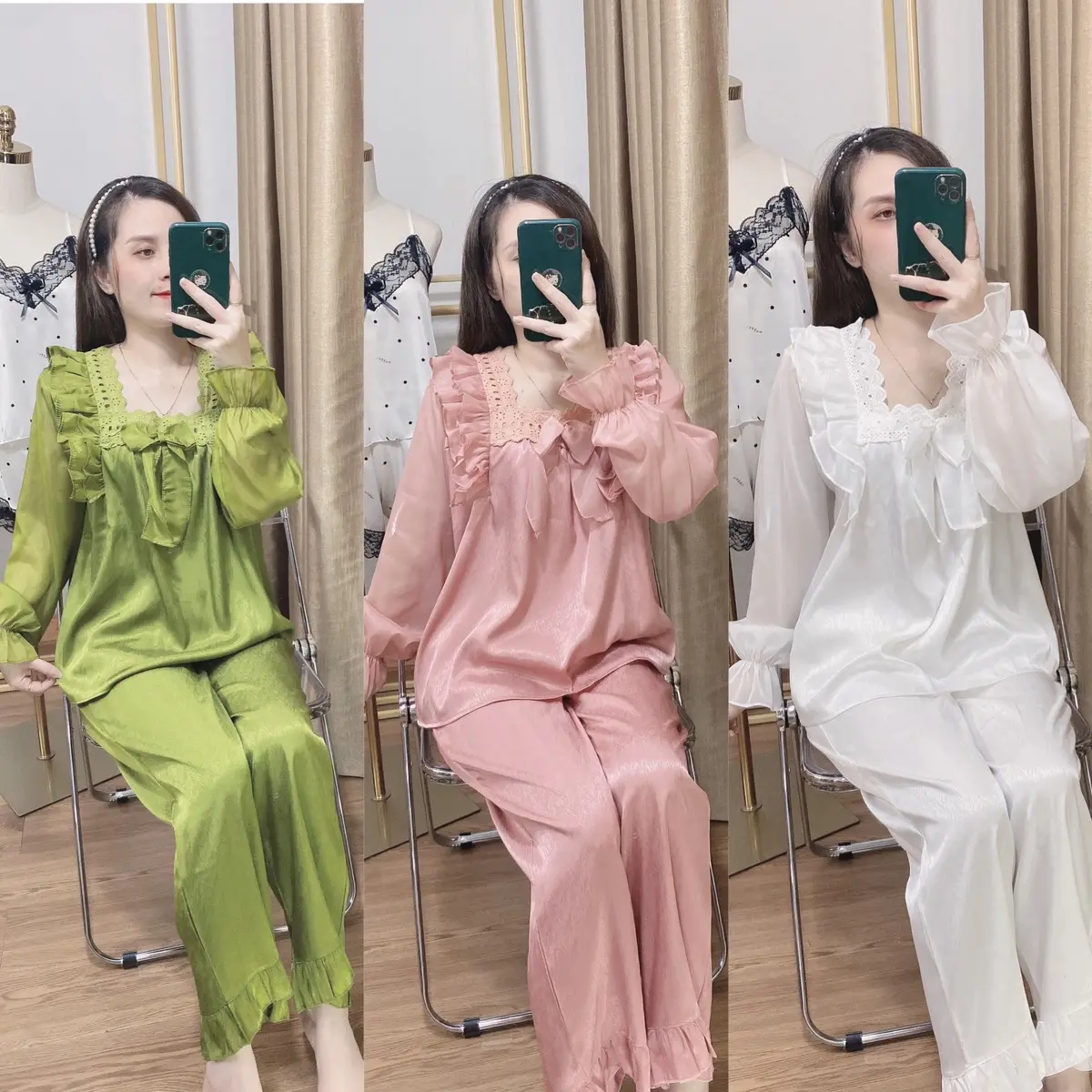 Bộ Hàng Thiết Kế Vải Lụa Gấm Xước Ren von Freesize 40kg- 60kg Set Quần Áo Mặc Nhà Nữ Voi Nhung