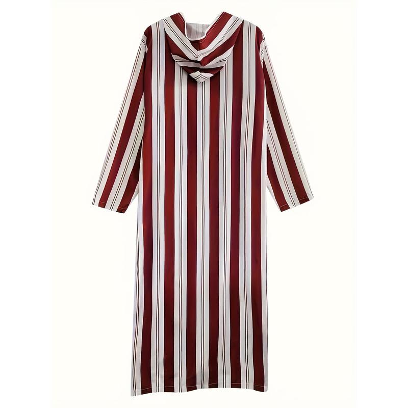 Men's Striped Hooded Long Robe - Casual Polyester Thobe with Zipper Detail, Machine Washable - Perfect for Spring/Fall 3