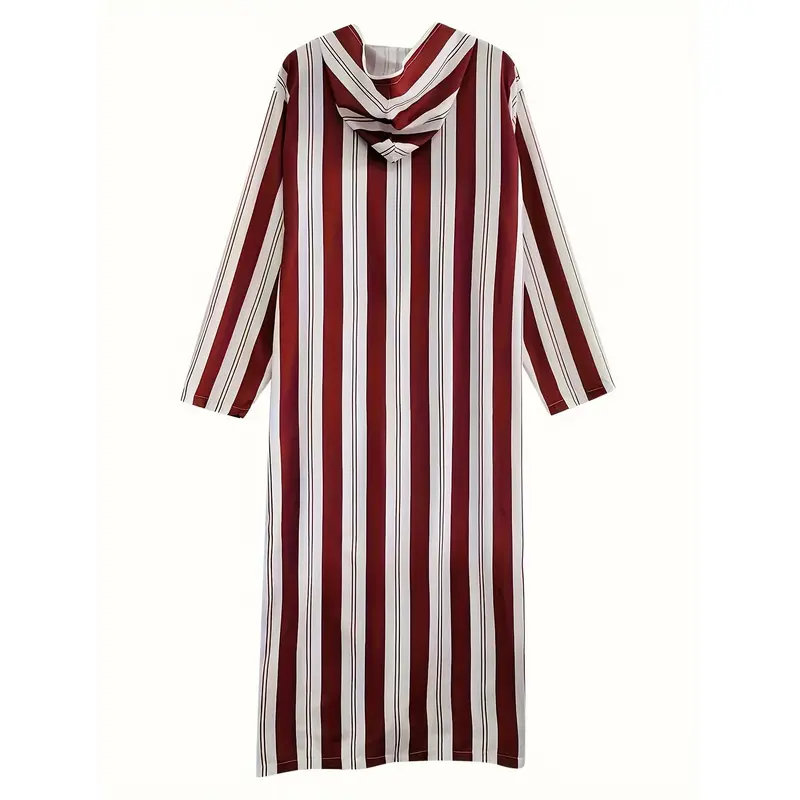 Men's Striped Hooded Long Robe - Casual Polyester Thobe with Zipper Detail, Machine Washable - Perfect for Spring/Fall 3