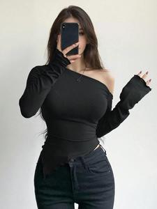 Camiseta de mujer lisa con cuello asimétrico fruncido, camiseta casual de manga larga con acabado lechuga para primavera y otoño, ropa de mujer para uso diario, Ropa de mujer