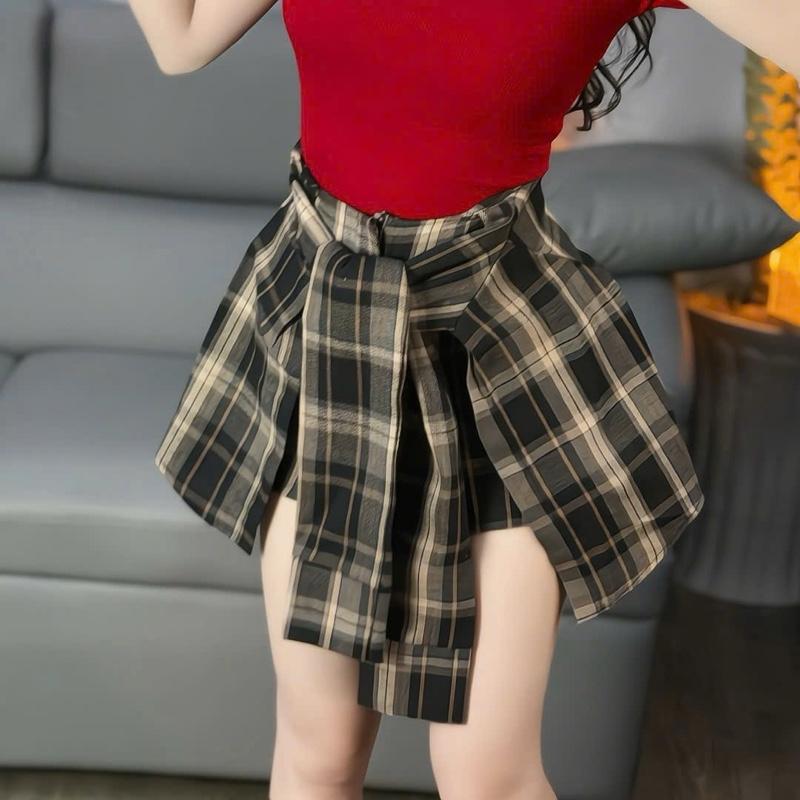 Chân váy quần kẻ sọc caro giả sơmi cột nơ