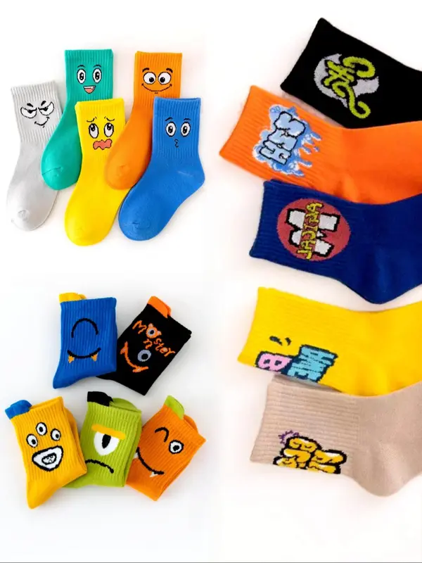 Boys' Cartoon Face & Letter Print Calf Socks, Casual Cute Comfy Breathable Fashion Mid-calf Socks for Daily Wear, Kids Socks for All Seasons, Casual Stylish Socks 4