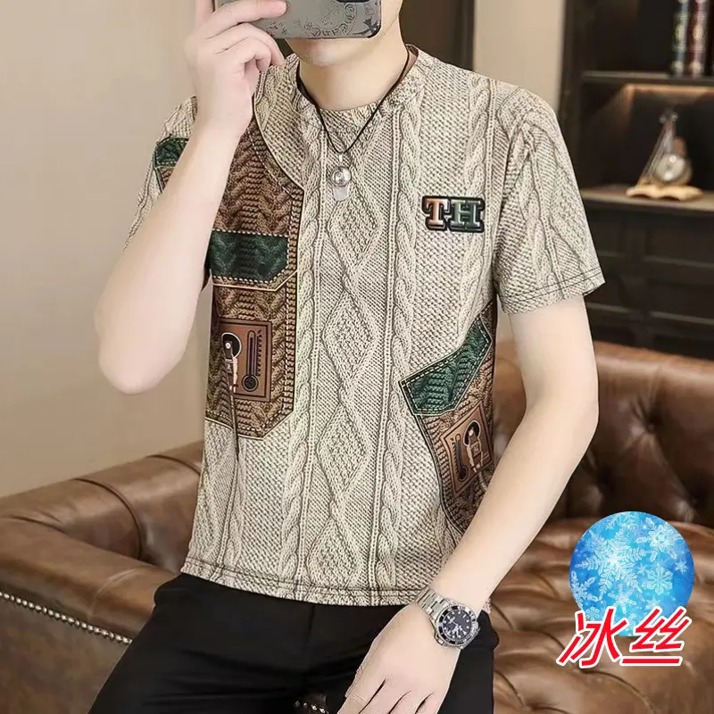 Áo Thun Nam ngắn Tay Cổ Tròn, Áo Thun Tay Lửng In Hình, Chất Liệu Vải Gân Lụa Lạnh Phong Cách Âu Mỹ Cao Cấp, Hàng Mới Về Mùa Hè