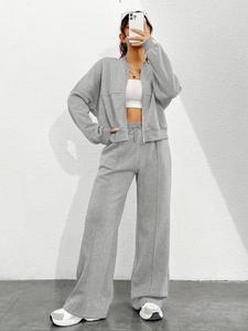 Women's Solid Drop Shoulder Zipper Jacket & Wide Leg Pants Two-piece Set, Casual Fashion Cozy Mock Neck Outerwear & Pocket Trousers for Daily Outdoor Wear, Ladies Clothes for All Seasons, Winter Coats, 2 Piece Set Rave