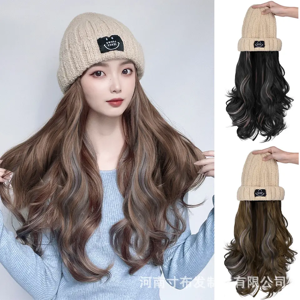 Mũ Tóc Giả Nữ Một Mảnh, Thời Trang Thu Đông, Màu Be, Dệt Kim, Tạo Khối, Gradient, Tóc Xoăn Dài, Đa Năng