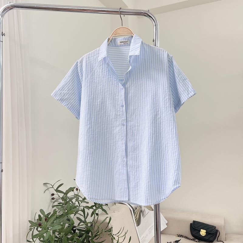 Áo Sơ Mi Nữ Tay Ngắn Sọc Nhí Pastel Trơn Form Rộng Chất Liệu Cotton Đũi Freesize Nữ Women
