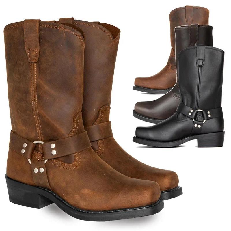 Product Introduction of Retro Cowboy Mid Calf Western Pu Leather Man Slip on Shoes Winter Knight Booties Plus Size 39-48 Zapatos Hombre Chelsea Men 21