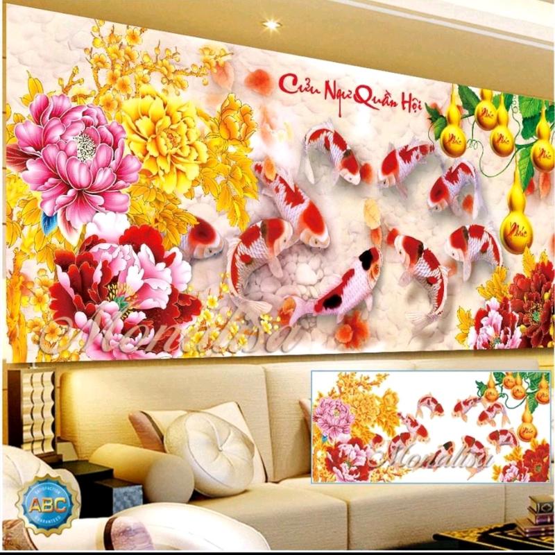 Tranh đính đá Cửu Ngư Quần Hội -130x65cm -(y8267,vs244,y8268,y8269) 0