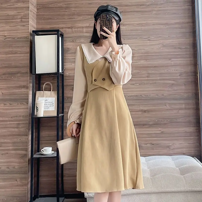 [2838 People Collection] Fake Two Pieces Mid-Length Skirt Waist-Tight Elegant French Retro Peter Pan Collar Long Sleeve 2022 Autumn New Long Sleeve Dress Casual Womenswear