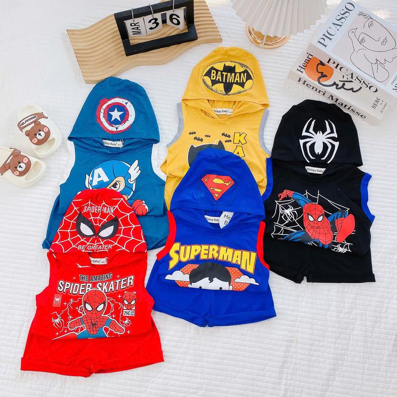 [Shin Kids] (8-23kg) Bộ Ba Lỗ - Đồ Sát Nách Thun Lạnh - In Siêu Nhân Có Nón - Đồ Bộ cho Bé - Đồ ngủ cho bé