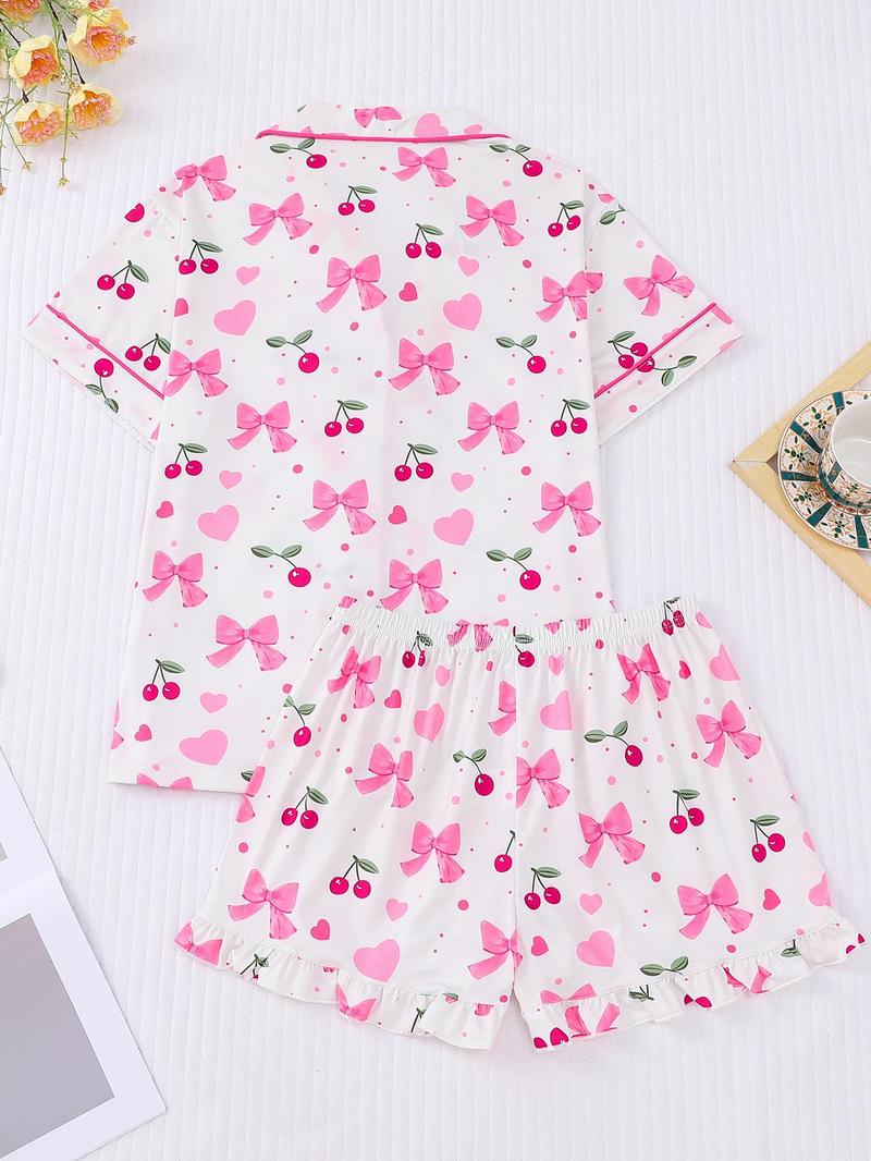 Product Introduction of Women's All Over Print Pajama Set, Casual Comfy Short Sleeve Lapel Neckline Pocket Shirt & Shorts PJ Set, Ladies Summer Sleepwear 9
