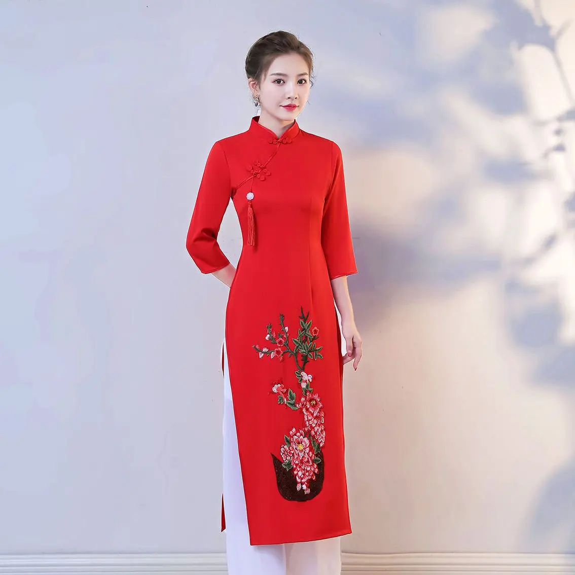 2023 New Improved Vietnam Ao Dai Cheongsam Loose Pants Middle Catwalk Long Performance Costume National Style Two-Piece Suit Dress Traditional