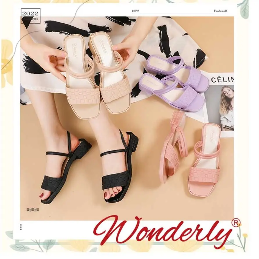713-2 [WONDERLY] Sendal Sepatu Wedges Wanita | Sandal Slop Jelly Karet Wonderly | Sandal Jelly | Sendal Jalan Jelly Wanita Black Pink