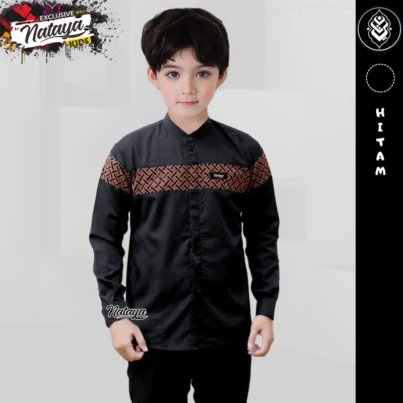 baju koko anak lengan panjang motif kombinasi batik untuk usia 9 sampai 14 tahun warna coklat putih hitam navi Atasan Katun 2