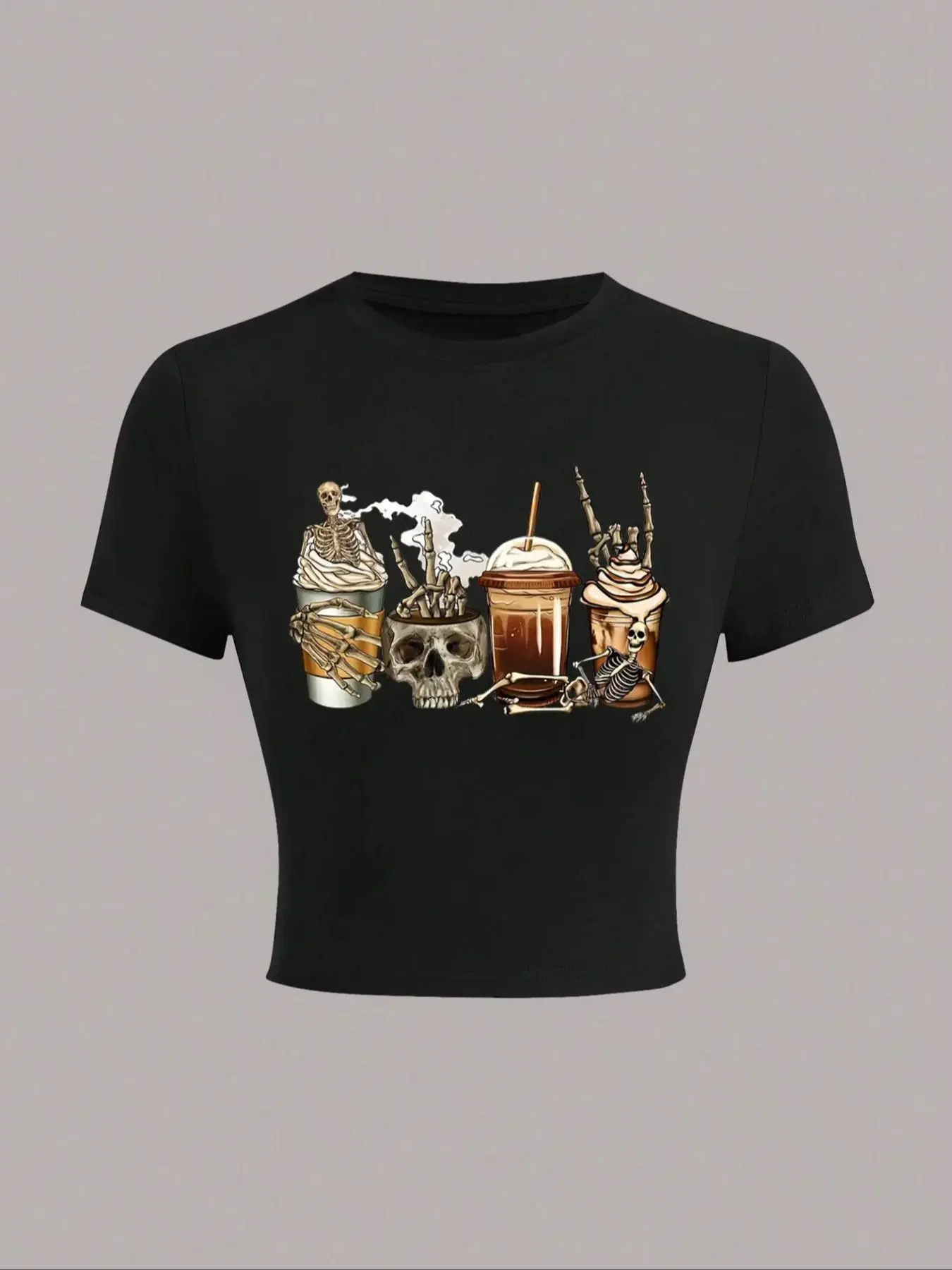 Women's Drink & Skeleton Print Round Neck Crop Tee, Casual Novelty Graphic Short Sleeve T-shirt for Daily Wear, Halloween Theme Ladies Clothes for All Seasons
