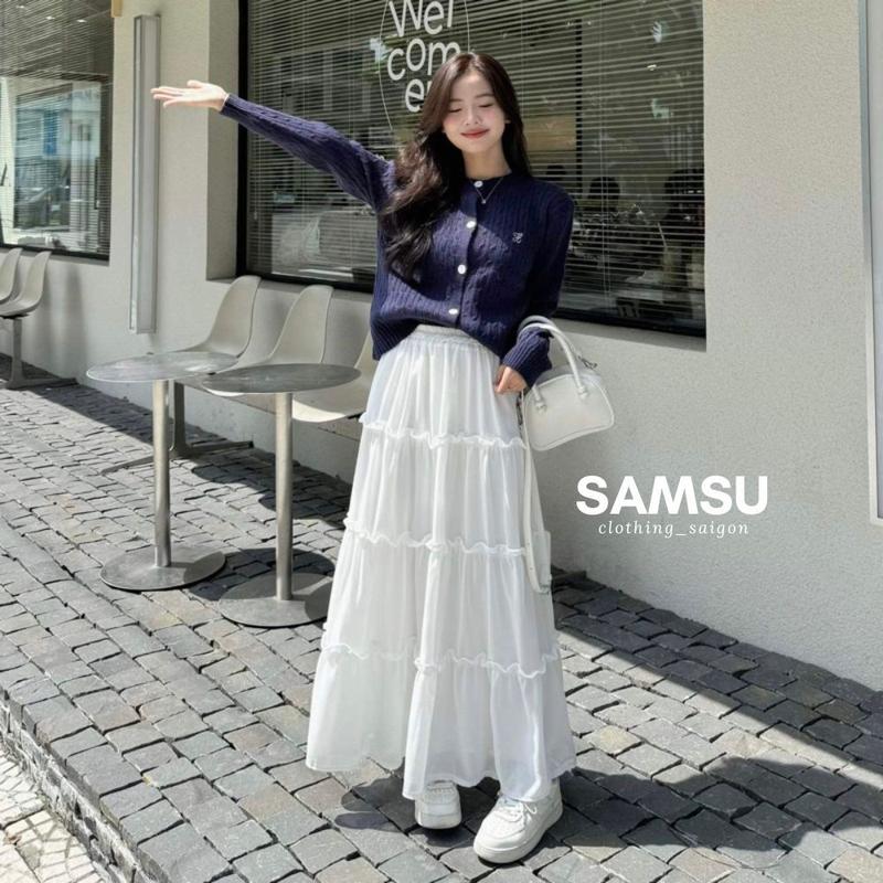 Chân váy xoè 2 tầng, 3 tầng dáng dài màu trắng phong cách Hàn Quốc chất đũi dày dặn Samsu.clothing_saigon Nữ Women Voan