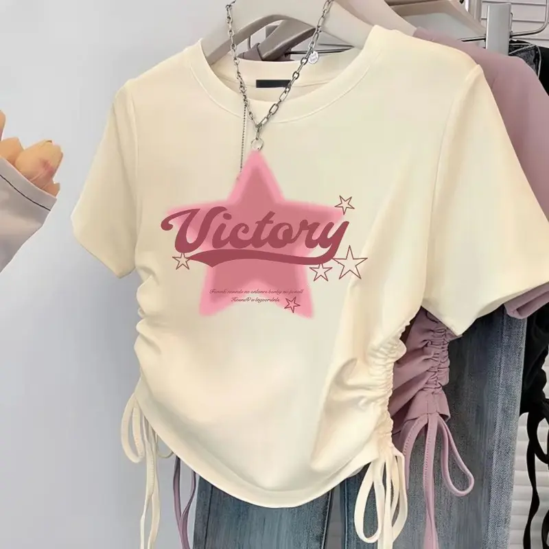 Áo Thun Ngắn Tay Thời Trang, Phong Cách Preppy Dễ Thương Và Gợi Cảm Trung Quốc Mới, Dáng Ôm, Áo Dây Rút Nữ, Dễ Phối Đồ, Phong Cách Ins, Thời Trang 5