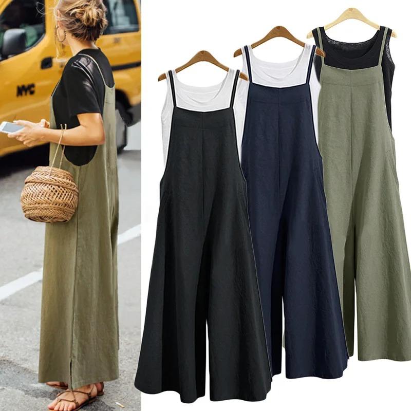 Product Introduction of Women Casual Wide-Legged Jumpsuit Cotton Linen Breathable Sleeveless One-Piece Loose Long Jumpsuit Overalls Lingerie 3