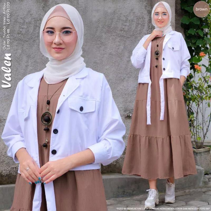 Valen set 2in1 Setelan Polos  Baju  wanita Muslimah Iner  Gamis Panjang + Atasan outhers Putih Terbaru Kancing Aktif Bahan Crinkle Fremium 5