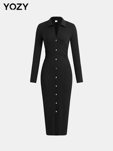 YOZY Women's Plain Ruched Button Front Ribbed Bodycon Dress, Elegant Long Sleeve V Neck Collared Long Dress for Spring & Fall, Women's Clothing for Daily Wear