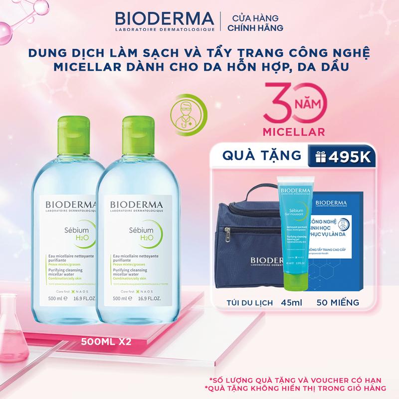 [Livestream] Combo Dung dịch làm sạch và tẩy trang công nghệ Micellar dành cho da hỗn hợp, da dầu Bioderma Sebium H2O 500ml
