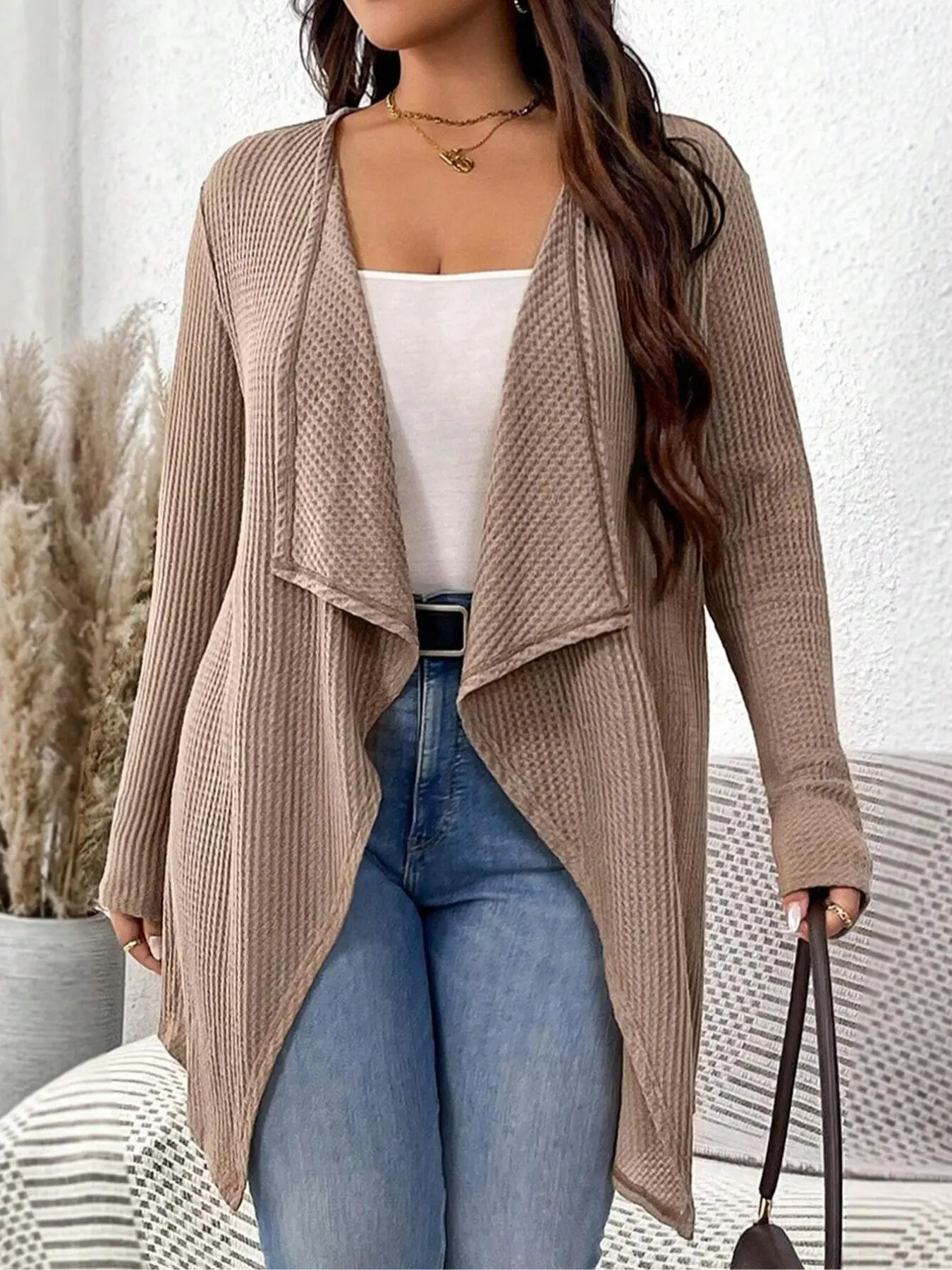 Plus Size Solid Color Waffle Knit Open Front Cardigan, Casual Long Sleeve Waterfall Hem Cardigan for Fall & Winter, Women's Plus Clothing for Daily Wear, Womenswear