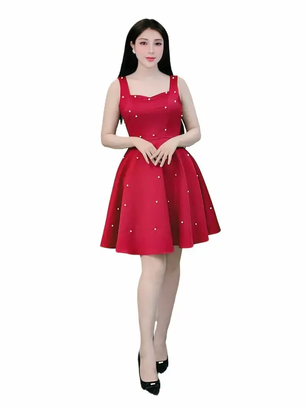 Váy dài thiết kế tiểu thư ngọc trai đính nơ màu đỏ tươi 3