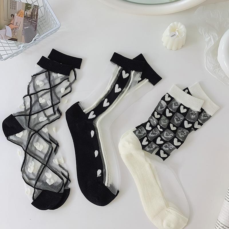 Product Introduction of 1/4pairs Lace Sock Women Sexy Ruffled Love Heart Pattern Transparent Sheer Mesh Sweet Glass Fiber  Silk Mid Tube Stocking 14