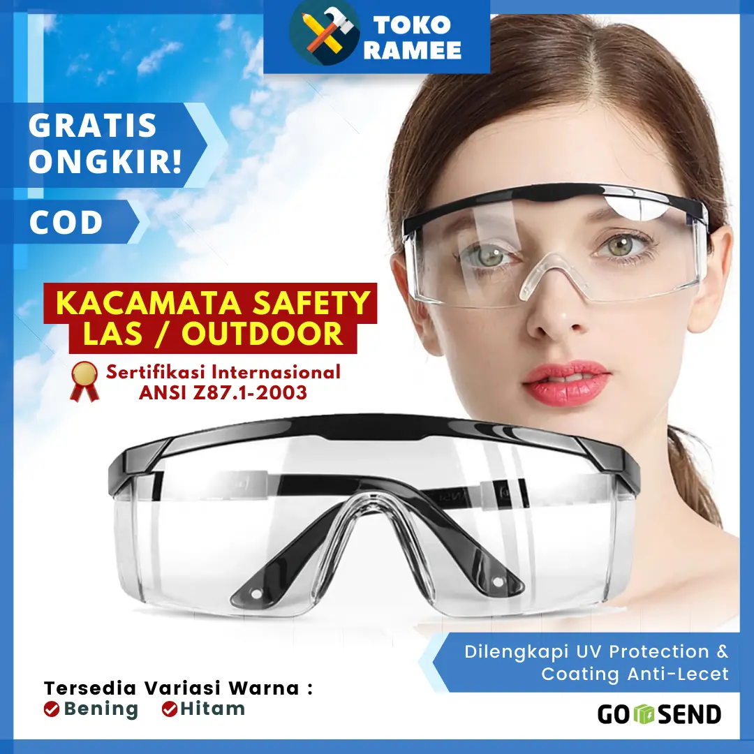 Kacamata / Kaca Mata Las Proyek dan Googles Safety Glass Warna Hitam dan Bening Untuk Alat Gerinda / Gurinda / Grinda Alat Perkakas Pertukangan Tukang Listrik Otomatis