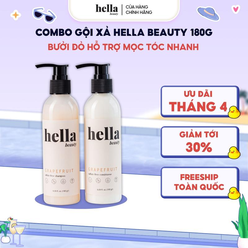 Combo Dầu Gội Xả Bưởi Mọc Tóc Grapefruit 180g Hella Beauty Dành Cho Tóc Khô, Tinh Dầu Bưởi Thảo Mộc Giảm Rụng Bộ 2 chai