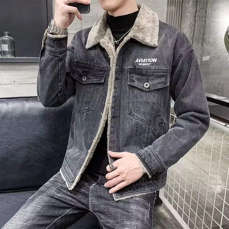 Áo Khoác Denim Len Cừu, Mùa Đông, Dành Cho Nam Giới, Phong Cách Hàn Quốc, Lông Cừu Hợp Xu hướng, Đệm Lót, Giữ Nhiệt, Quần Áo Bông Mỹ, Áo Khoác Nam 4