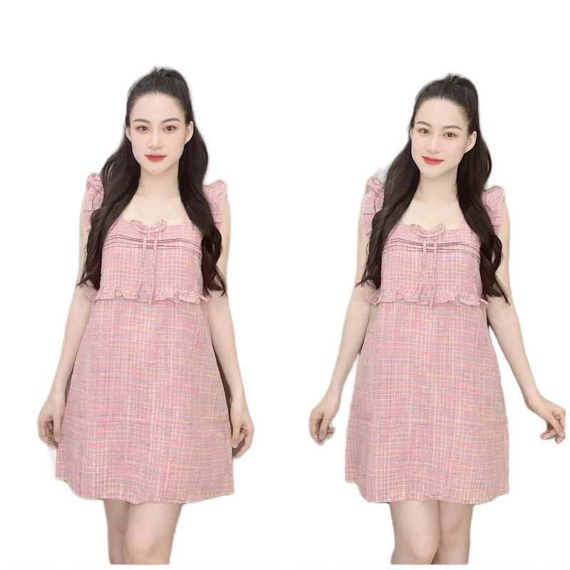 {XÃ KHO} Váy cầu vòng cánh tiên cổ bèo suông Nữ  Women Dress Nhung Voan Màu Hồng