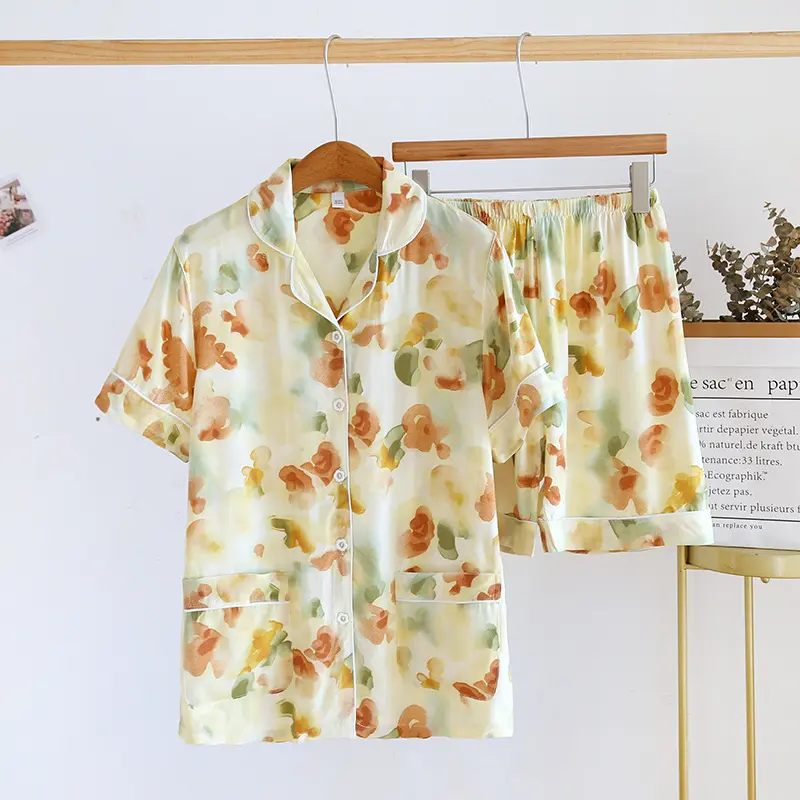 Bộ Đồ Ngủ Lụa Bông, Dành Cho Nữ, Mùa Hè Mỏng, Bộ Đồ Ngắn Tay, Cao Cấp, Ngoại Cỡ, Phong Cách Mới, Quần Áo Mặc Nhà 2