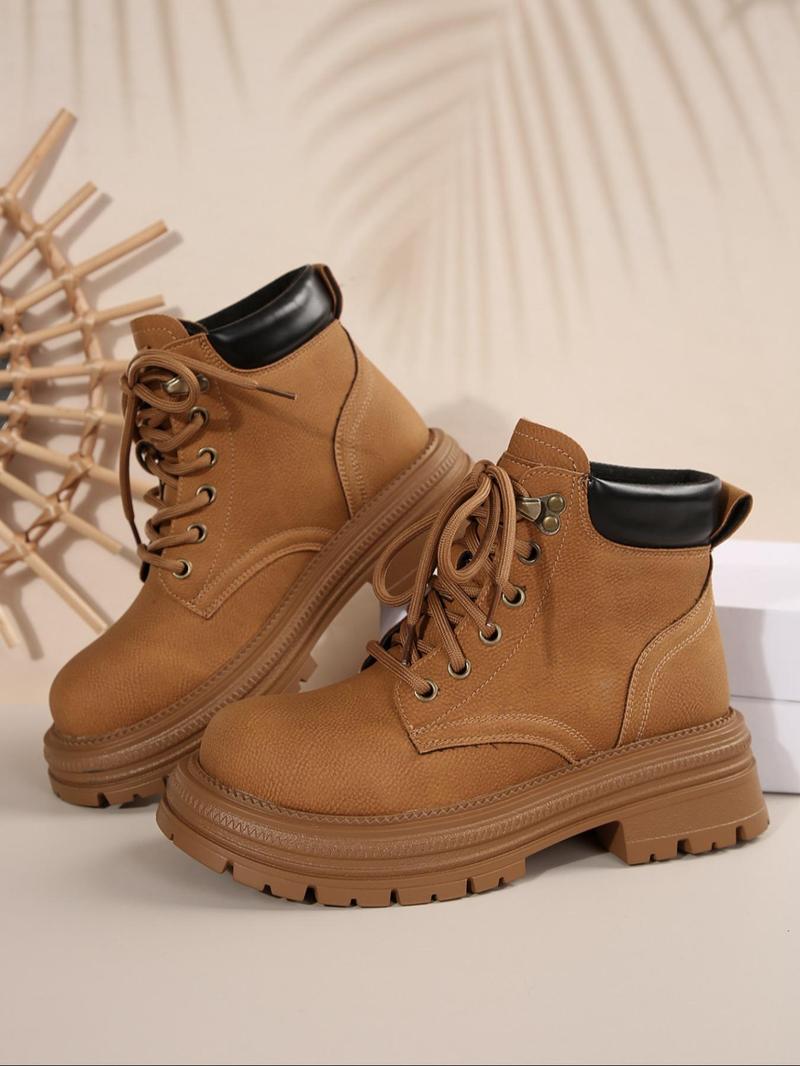 Product Introduction of Women's Fashionable Solid Color Lace Up Ankle Boots, Casual Comfortable Round Toe Boots for Fall & Winter, Female All-match Trend Shoes for Daily Wear 7