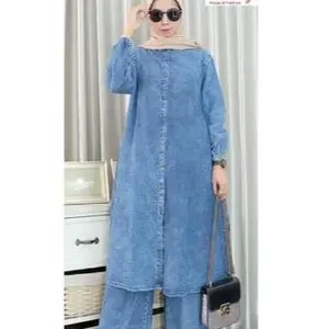 Zifana-Jammie set long jeans setelan High quality denim washed Baju Tunik Panjang Celana Kulot Wanita