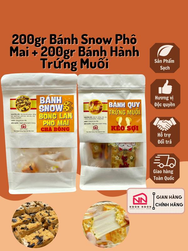 (COMBO 400GR) 200gr Bánh Snow Phô Mai Chà Bông (18-20 bánh) + 200gr Bánh Hành Trứng Muối Chà Bông Kéo Sợi (10-12 bánh), Đồ Ăn Vặt SNACK Food Thức Ăn Bánh Quy