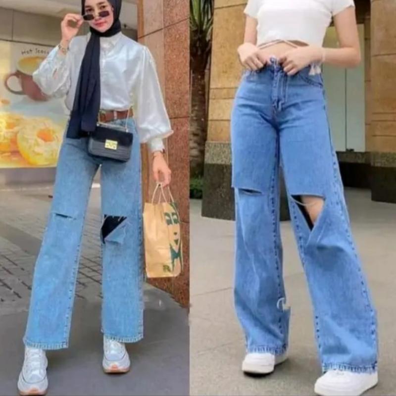 SHANA HIGHWAIST KULOT JEANS SOBEK Santai Celana Panjang Nyaman Wanita 0