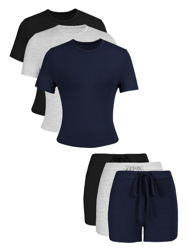Women's Solid Color Top & Skinny Shorts Loungewear Set, Casual Comfy Short Sleeve Tee & Shorts Set, Ladies Sleepwear for All Seasons, Pajamas Set 4