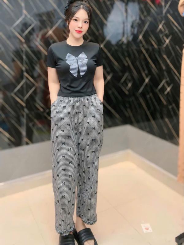 B-55 Sét bộ quần Biggi sọc caro in nơ áo thun tăm lạnh  Nữ
