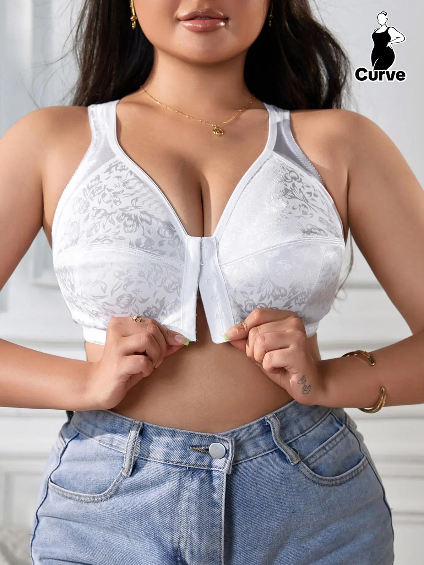 【Plus Size】 Floral Pattern Hook & Eye Front Bra, Comfy Breathable Wireless Bra, Women's Fashion Lingerie for Daily Wear, Underwear for Women, Bras for Women