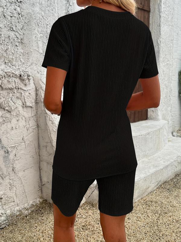 【Plus Size】 Women's Solid Tee & Shorts Two-piece Set, Casual Short Sleeve Crewneck T-shirt & Shorts for Summer, Ladies Clothes for Daily Wear, Womenswear 7