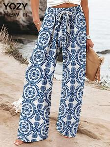 Yozy Women's All Over Print Knot Front Pants, Casual Comfy Wide Leg Trousers for Daily Wear, Ladies Bottoms for All Seasons