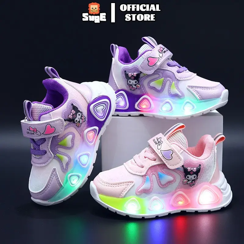 SUGE kuromi shoes with lights for kids girl Luminous Casual Sports Shoes Childrens Soft Sole Outdoor