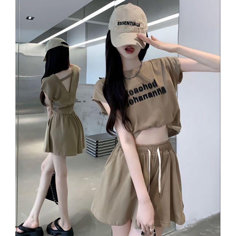 Bộ Quần Đùi Ống Rộng Cạp Cao Hở Lưng, Cá Tính Cô Gái Hợp Xu hướng Dáng Rộng Vừa Vặn, Thời Trang Thường Ngày Dễ Phối Đồ, Hai Mảnh, Thích Hợp Cho Mùa Hè, Phong Cách Mới 5